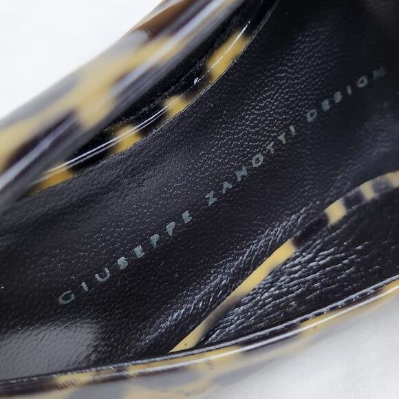 Giuseppe Zanotti Mob Wife Cheetah Print Patent Leather Peep Toe Heels US 7 EU 37 - Picture 2 of 12